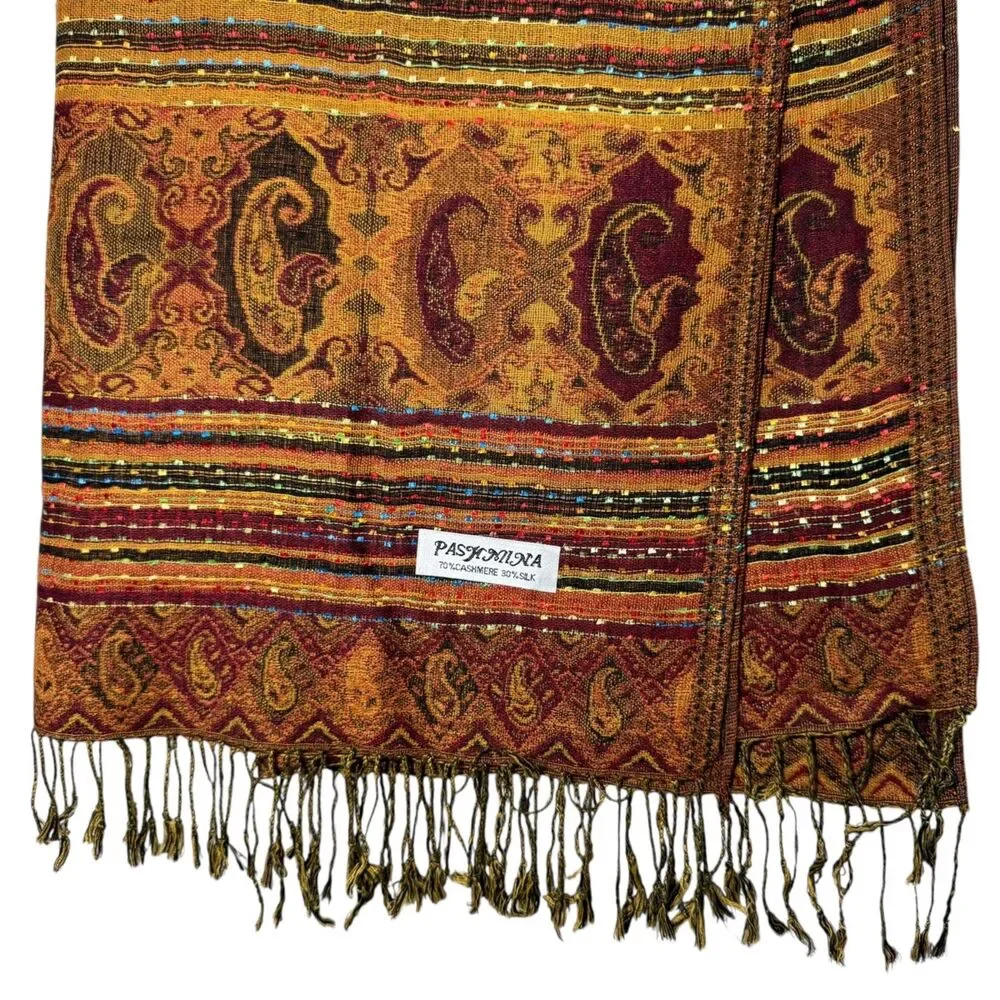 1 Pashmina Scarf Fringe 72 X 28 Fall Wrap Shawl 70% Cashmere 30% Silk Paisley